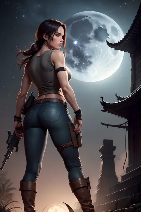 lara croft standing at a temple at night, full moon, stars in the sky, wearing grey shirt and black jeans and long boots