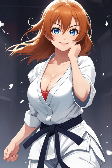 Kousaka honoka, blue eyes, karate gi, cleavage, smile, serious eye,big breasts,thicc