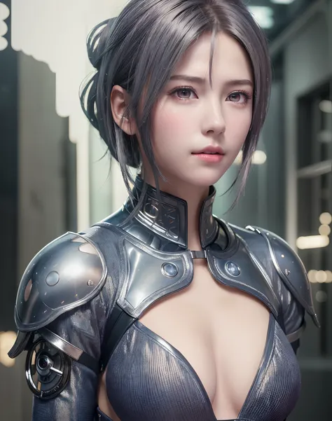 (8K, Photorealistic, Raw photo, of the highest quality: 1.3), (1girl in), Super beautiful, (Realistic face), (boyish, Silver Color Berry Shorthair), Beautiful cyberpunk suit, Glare that captivates the viewer, Beautiful expression, Beautiful breasts, (Reali...