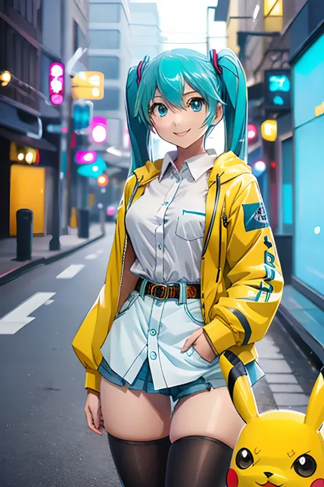 Ahegao、top-quality, Photorealistic, An ultra-fine illustrations, beautiful attractive anime girl, miku hatsune, Slender body, Tied hair, one girls, a photo of girl, Full body shot, Beautiful blue eyes, Turned、miku hatsune、Pokémon, Pikachu Coat，surrealism, ...