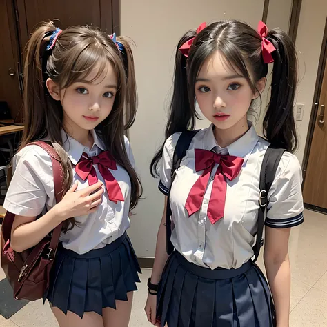 (High School Uniform, Pleated mini-skirt:1.3), ((high-school uniform)),bow ribbon、 17 age, 2girls,  Twintail hairstyles,