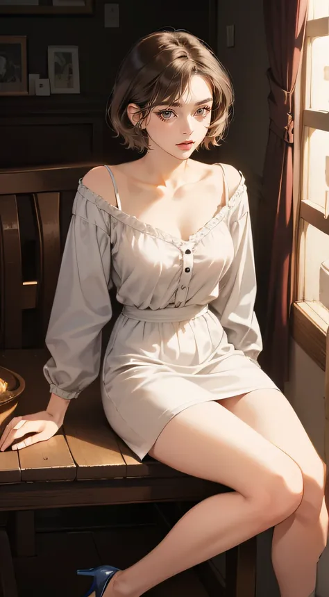 Masterpiece, Best quality, Realistic, 1人, cute female, Sexy and charming girl, 20 years old, Very attractive look, Extremely detailed face, ((dark gray eyes)), ((Right sweep dark brown short hair)), [Slender eyebrows], Detective, International city, Short ...