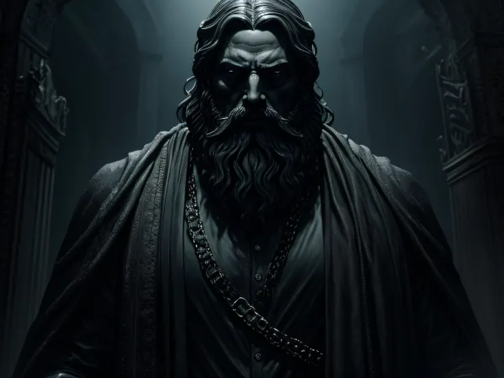 best quality,highres,masterpiece:1.2,ultra-detailed,realistic,dark fantasy,black statue,Ancient Greek statue of a bearded man,foreboding aura,gloomy atmosphere,detailed facial features,mysterious shadows,ominous presence,sinister vibes,statue in a dark and...