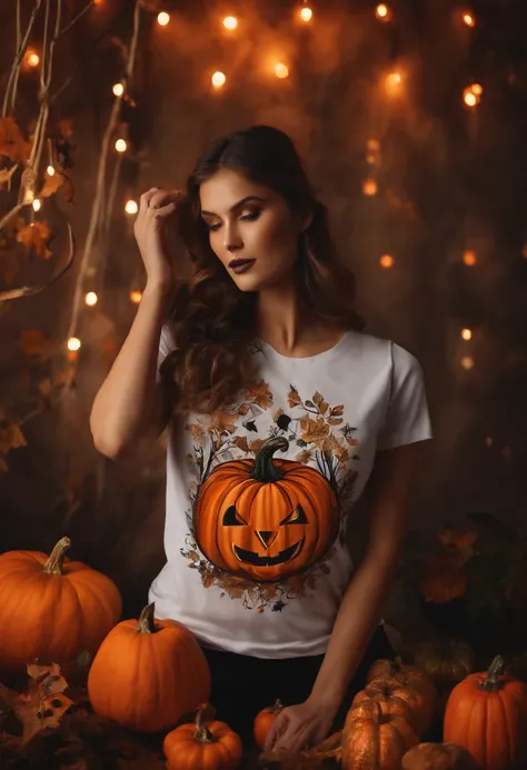 a model wearing a festive t-shirt for Halloween with a pumpkin design