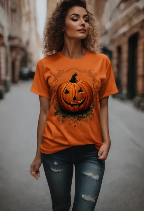 a model wearing a festive t-shirt for Halloween with a pumpkin design