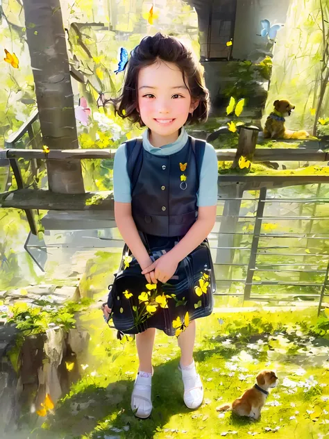 An incredibly charming little girl carrying a backpack, accompanied by her adorable puppy, enjoying a lovely spring outing surrounded by beautiful yellow flowers and natural scenery. The illustration is in high definition at 4k resolution, with highly-deta...