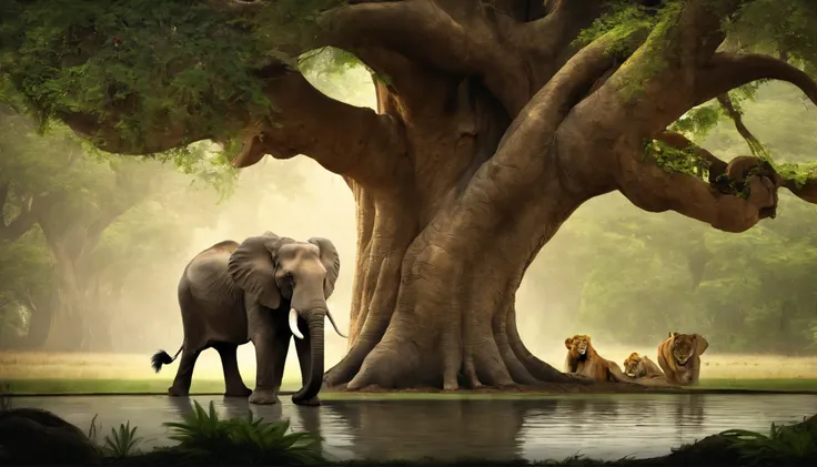 A wise old elephant standing in front of a huge old tree with big roots that seem to go very deep into the ground. The tree is surrounded by animals, such as a lion, a tiger, a monkey, and a bird, all drinking water from a pool at the base of the tree.