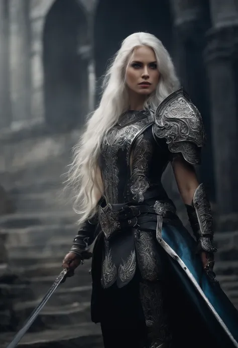 a young women with long white hair and dark metal armor