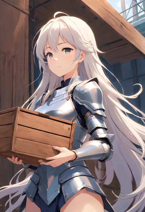 a young women with long white hair, metal armor and a wooden box on her back