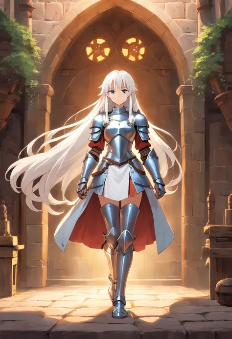 a full body image of a young woman with long white hair, metal armor in a medieval setting