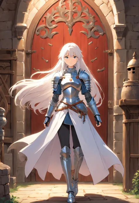 a full body image of a young woman with long white hair, metal armor in a medieval setting