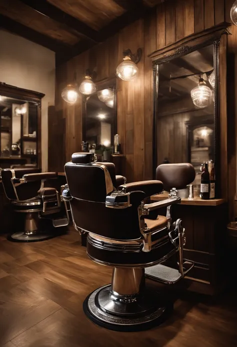 Um barbeiro cortando o cabelo de um cliente, em uma barbearia moderna, com espelhos grandes na parede, in a retro barber chair, rustic wooden waiting benches, piso quadriculado preto e branco, Realistic image, sharped image, rustic colors.