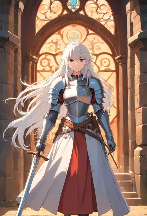 a full body image of a young woman with long white hair, metal armor in a medieval setting carrying a rapier