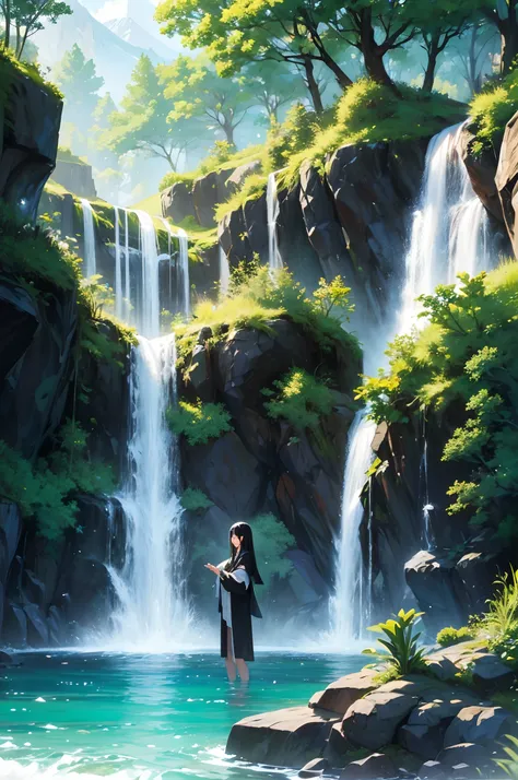 (Masterpiece, highly detailed) 1 woman with long black hair meditates in front of a wild waterfall in a forest in a mountain with water magic, Dressed in a magicians cape over modern clothes, onirique, calme, Serenity, contemplation, Paysage fantasy, Cerf ...