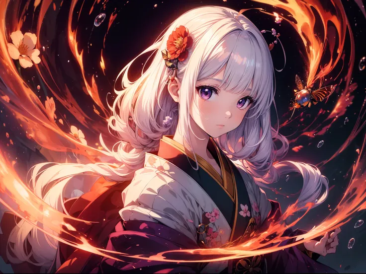 1 girl , ((portrait))  ,((translucent girl)),character focus ,Japanese clothing,  flower, flame, bubble,beetle,water,katana, magic ,high resolution,(incredibly absurdres),anime visual,extremely detailed CG unity 8k wallpaper, ((masterpiece)), ((top-quality...