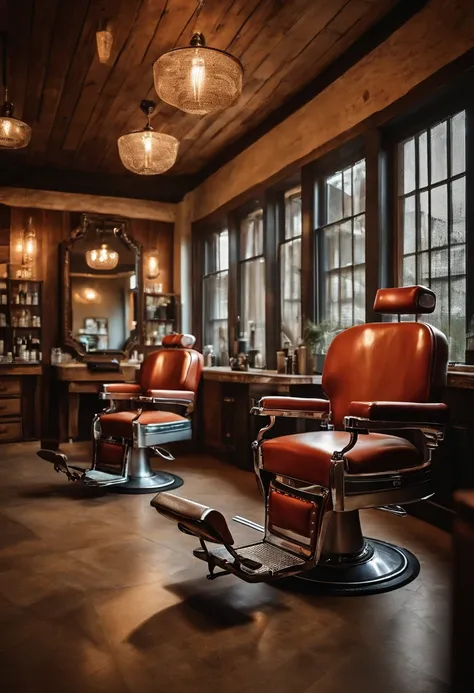 Um barbeiro cortando o cabelo de um cliente, em uma barbearia moderna, com espelhos grandes na parede, in a retro barber chair, rustic wooden waiting benches, piso quadriculado preto e branco, Realistic image, sharped image, rustic colors.