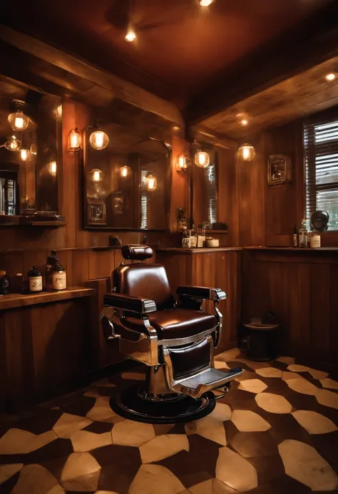 Um barbeiro cortando o cabelo de um cliente, em uma barbearia moderna, com espelhos grandes na parede, in a retro barber chair, rustic wooden waiting benches, piso quadriculado preto e branco, Realistic image, sharped image, rustic colors.