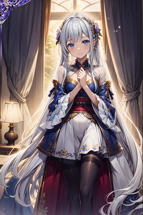 (Best quality, A high resolution, Textured skin, High quality, High details, High details,Extremely detailed CG unity),teens girl，Enchanted，having fun，Being in love，Princess dress in white fantasy world，Light silver hair，eBlue eyes，A small amount of lilac ...