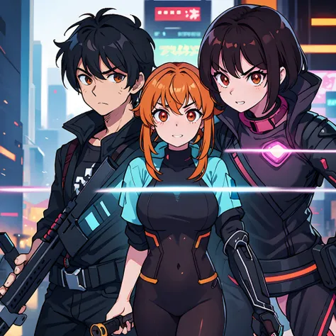 Trio, one guy in middle and 2 girls around him, guy have red glowing eyes and black hair and holding katana, 1st of girls have orange hair Brown eyes and angry face, 2nd girl have brown hair and eyes and smiling and holding gun, trio, 1guy and 2 girls, guy...