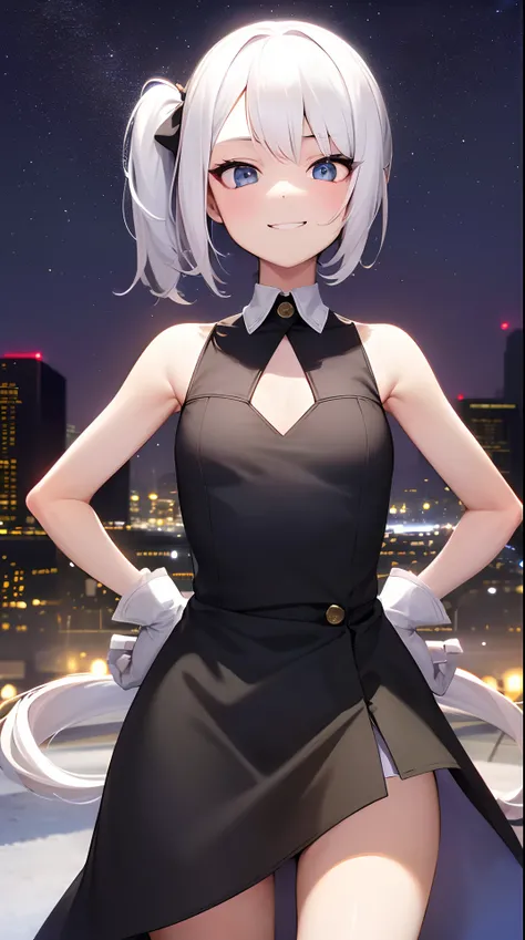 1girl, solo, absurdres, best quality, (smug smile:1.2), white hair, blue eyes, sleeveless dress, hair ornament, black dress, short, side ponytail, long hair, outdoors, nighttime, night, city, stars, starry sky, small breasts, flat chest, white gloves, whit...