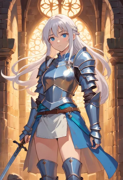 a full body image of a young woman with long white hair,  full metal armor in a medieval setting with a single rapier in hand and blue eyes dnd