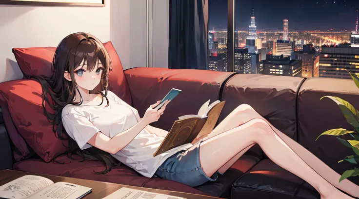 1 girl, sitting on the sofa, in the room, at night, reading a book, relaxing, wearing a long white t-shirt, long brown hair, wearing shorts, with the city background, facing left, high resolution, 8k