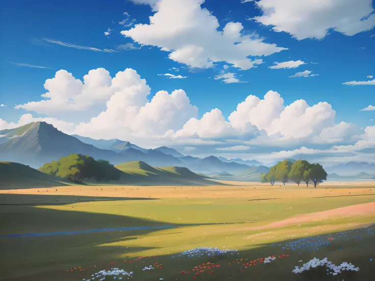 There is a landscape painting，The background is a mountain, anime countryside landscape, Anime landscape, Detailed scenery —width 672, peaceful landscape, Anime background art, Dreamy landscape, wlop and RHADS, landscape artwork, ross tran. scenery backgro...