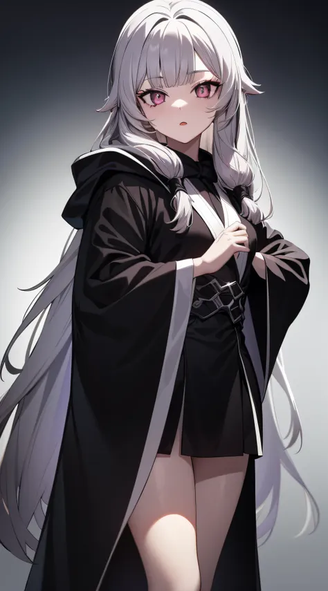 1 girl, white hair(long hair), black-silver eyes(detailed eyes), wear a black robe