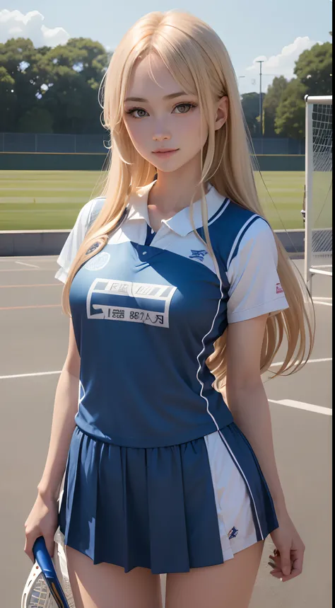 1girl in、Top image quality、Young Adult Women、hposing Gravure Idol、a blond、blue eyes、Lacrosse court on background、Lacrosse Uniforms、Buruma、A slender、realisticlying、ren、A slight smil、Be sure to draw your face、Correctly depict the structure of the human body、...