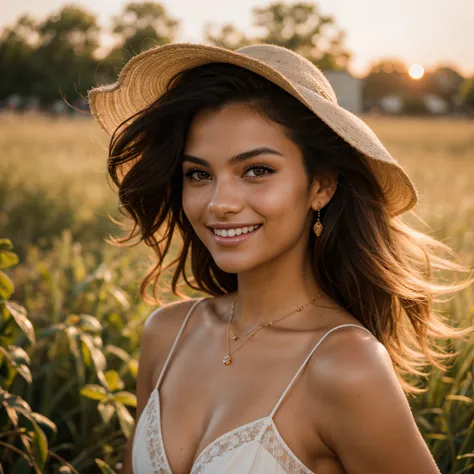 (photograph, close-up, detailed, natural look, hyperrealistic), photograph of a beautiful mixed female model posing in a summery flowy dress during sunset, warm atmosphere, vibrant colour, gentle smile, (freckles:0.8), thin chain necklace