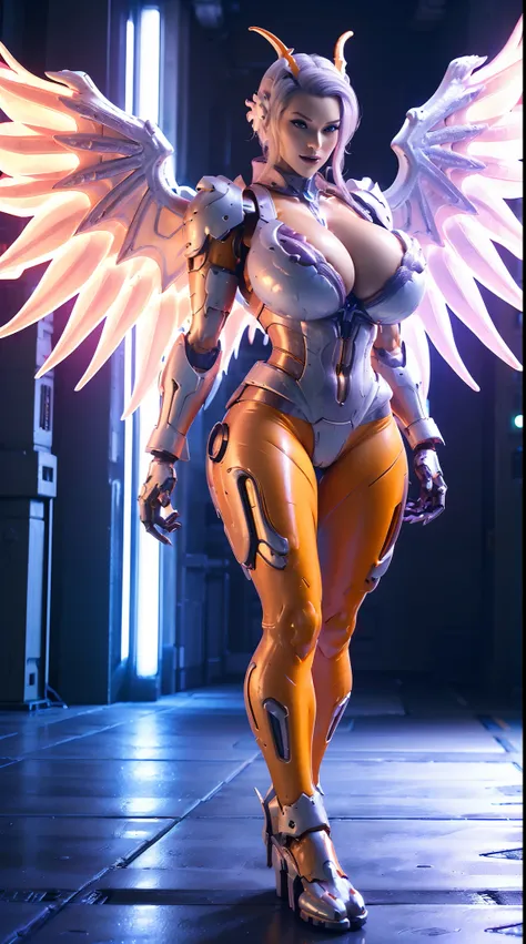 (DRAGON QUEEN), HUGE FAKE BOOBS, (BEAUTIFUL FACE), (WHITE, ORANGE, PURPLE), (((A PAIR OF HUGE MECHANICAL WINGS SPREAD OUT))), FUTURISTIC PHOENIX MECHA SUIT, (CLEAVAGE), (SKINTIGHT YOGA PANTS), (HIGH HEELS), (PERFECT BODY:1.2), (FULL BODY VIEW), (LOOKING AT...