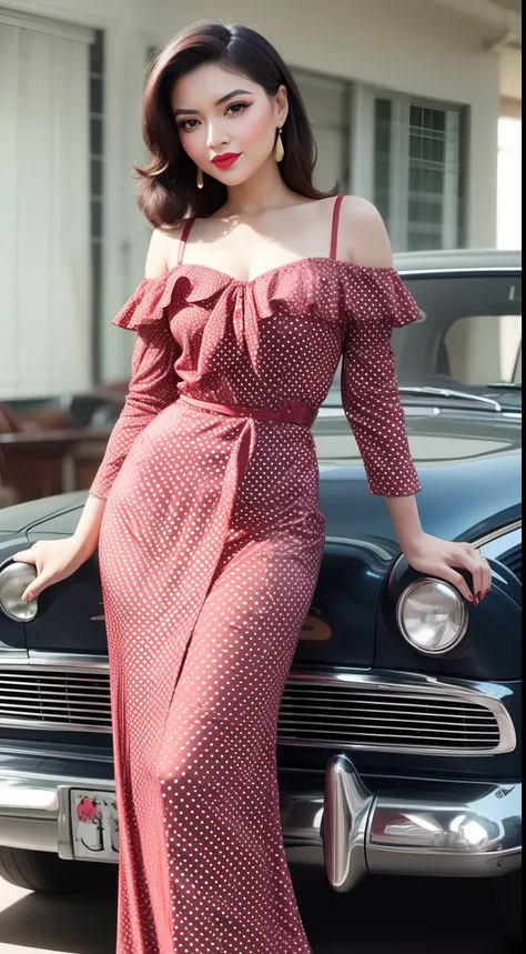 Design a glamorous vintage pin-up portrait where the Malay woman wears a classic 1950s polka-dot dress with a cinched waist and poses beside a retro car, evoking the charm of a bygone era.