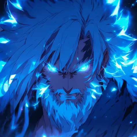 male with white hair and wolf ears, light beard stubble, glowing blue eyes