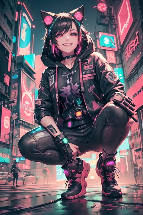 (1girl in)、(Plump beauty)、(30-years old)、(Pink twin-tailed hair)、(Top image quality)、(8K picture quality)、(cyberpunked)、(masutepiece)、 (Flickering of light)、(Wear a cyberpunk hooded military uniform)、（Cats ears）、(confident grin:1.2)、(Full body photo)、cinem...