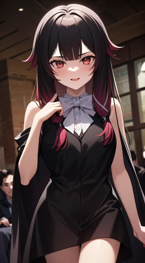 1 girl, white hair(long hair)(tied), black-silver eyes(detailed eyes), wear a black robe, (looking at the audience with a smug f...