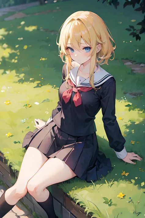 Anime girl cute, tall, blonde hair, 8k wallpaper, thighs, dark school girl clothes, slim, sexy, sitting on grass