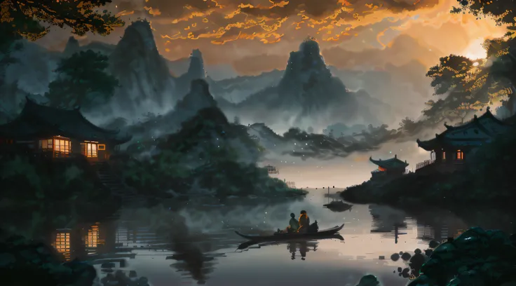 painting of a man and woman in a boat on a river, by Yang J, 4k highly detailed digital art, Detailed painting 4 K, inspired by Raphael Lacoste, 4k hd matte digital painting, Chinese landscape, Inspired by Fenghua Zhong, Detailed scenery —width 672, author...