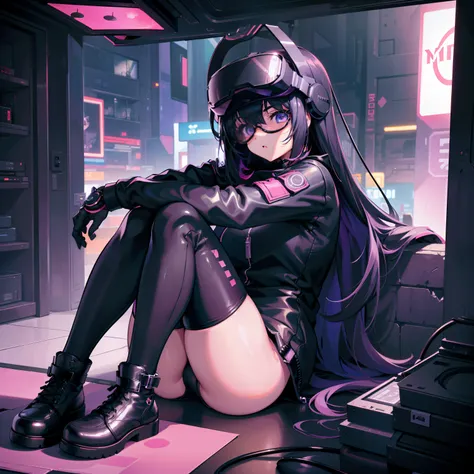 masterpiece, high quality, hd, 4k, 8k, girl, goth, long socks, boots, all black, wearing virtual reality glasses, meta, meta quest, girl with a vr headset, cute, cocky, virtual reality, cyberpunk, arms behind back, arms hidden, no hands, detailed