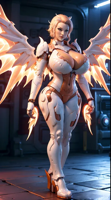 (DRAGON QUEEN), HUGE FAKE BOOBS, (BEAUTIFUL FACE), (WHITE, ORANGE, RED), (((A PAIR OF HUGE MECHANICAL WINGS SPREAD OUT))), FUTURISTIC PHOENIX MECHA SUIT, (CLEAVAGE), (SKINTIGHT YOGA PANTS), (HIGH HEELS), (PERFECT BODY:1.2), (FULL BODY VIEW), (LOOKING AT VI...