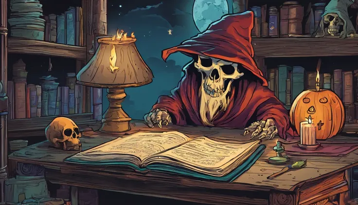 Skull, Wizard hat, spellbook, candle, dark, spooky, creepy, working space, night, full moon, death, decay,