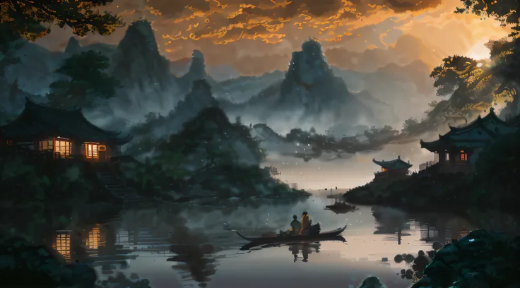 painting of a man and woman in a boat on a river, by Yang J, 4k highly detailed digital art, Detailed painting 4 K, inspired by Raphael Lacoste, 4k hd matte digital painting, Chinese landscape, Inspired by Fenghua Zhong, Detailed scenery —width 672, author...