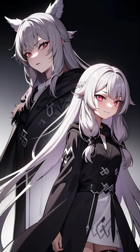 1 girl, white hair(long hair)(tied), black-silver eyes(detailed eyes), wear a black robe, (smug face)