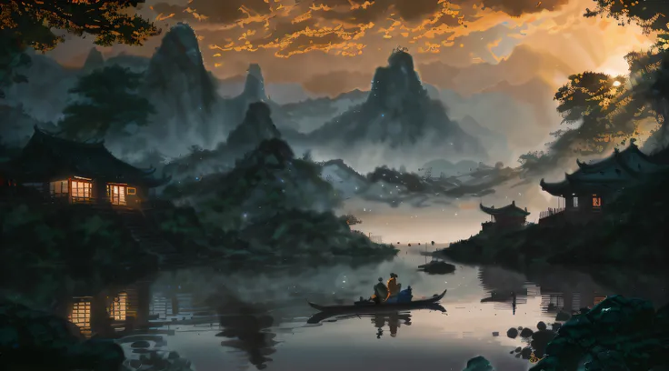 painting of a man and woman in a boat on a river, by Yang J, 4k highly detailed digital art, Detailed painting 4 K, inspired by Raphael Lacoste, 4k hd matte digital painting, Chinese landscape, Inspired by Fenghua Zhong, Detailed scenery —width 672, author...