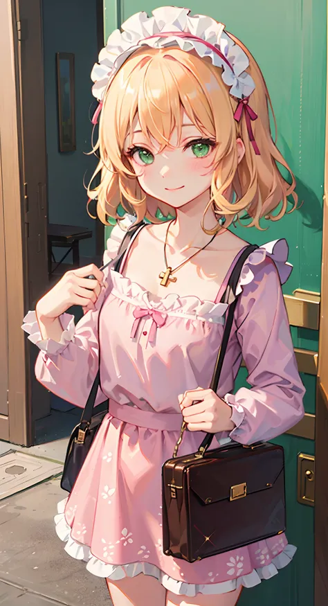 sakurai momoka, 1girl, blonde hair, solo, smile, hairband, green eyes, frills, jewelry, blush, bag, floral print, flower, bow, collarbone, door, skirt, long sleeves, necklace, hair bow, shirt, bangs, frilled hairband, holding, closed mouth, purple skirt, p...