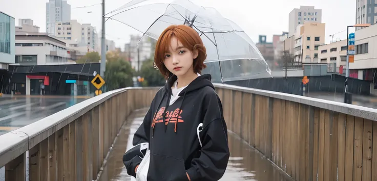 1girl, madoka, black hoodie, short hair, orange hair, 8k, relistic, ultra detail, 70mm lens, raining