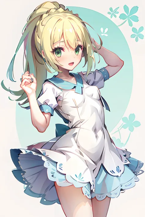 one girl,a blond,poneytail,lillie,green eyes,guts pose,nimbly,beautiful steppe,good luck lily,a pokémon,white dress,raising,verd...