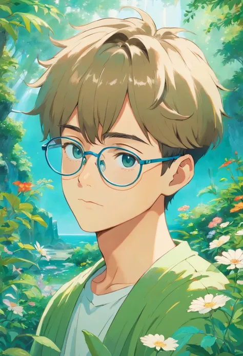 Boy with glasses, Short hair and necklace, In the style of a tranquil garden landscape, colorful animation stills, Masami Teraoka, aquamarine, paul gauguin, Embry style, Honest portrayal