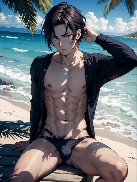 Anime Sexy Man, Guy with dark hair, almost naked, sitting on a beach shore