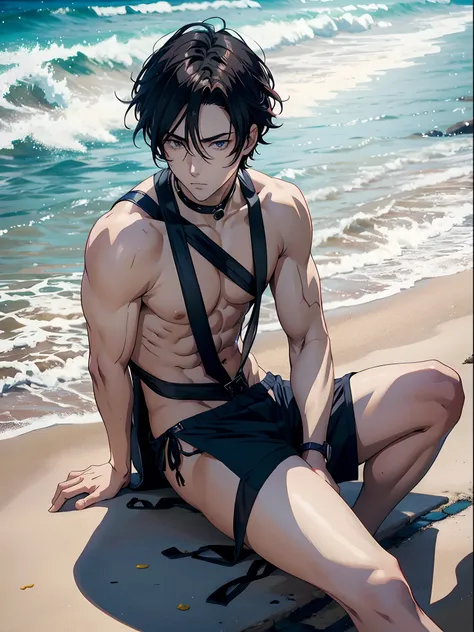 Anime Sexy Man, Guy with dark hair, almost naked, sitting on a beach shore