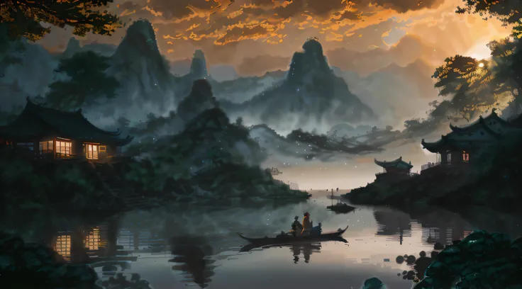 painting of a man and woman in a boat on a river, by Yang J, 4k highly detailed digital art, Detailed painting 4 K, inspired by Raphael Lacoste, 4k hd matte digital painting, Chinese landscape, Inspired by Fenghua Zhong, Detailed scenery —width 672, author...